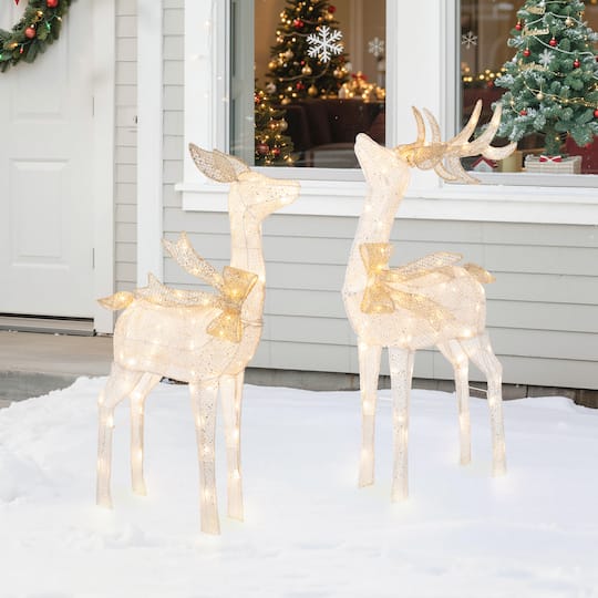 Glitzhome® 43" Christmas 3D Glittered Fabric Reindeer with 170 Warm White LED Lights Set